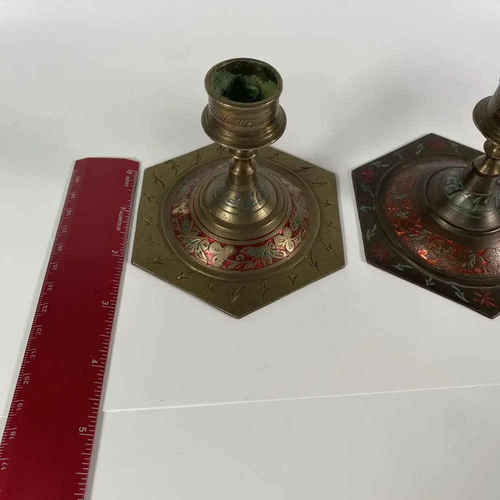 Vintage Indian Enamel Metal Candlestick Pair Hexagon Multicolor Tabletop Decor